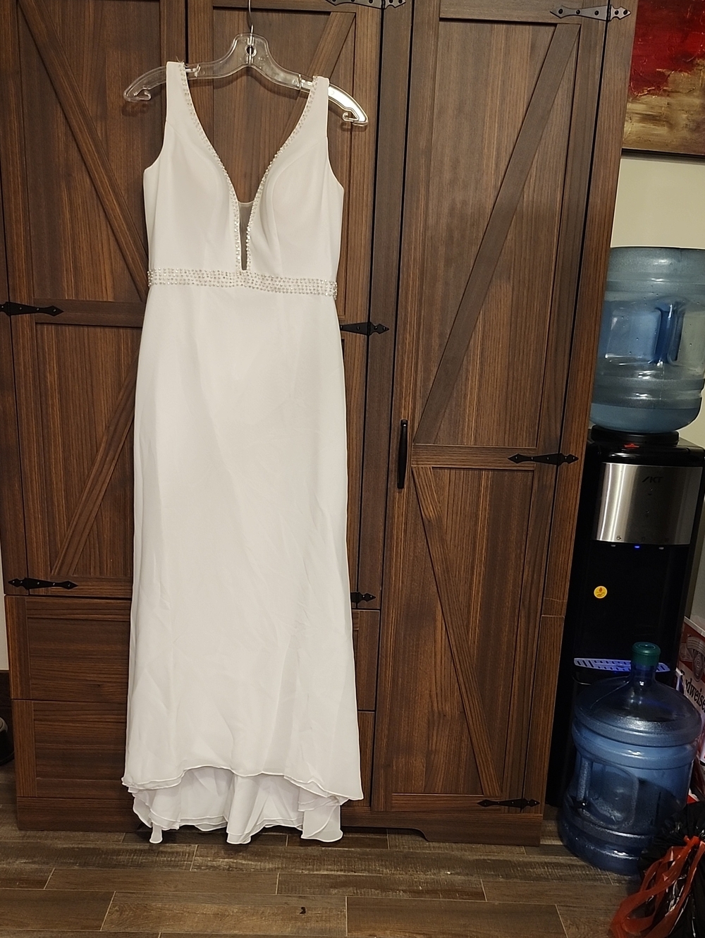 Minimalist White V-Neck Wedding Dress with Beaded Waist